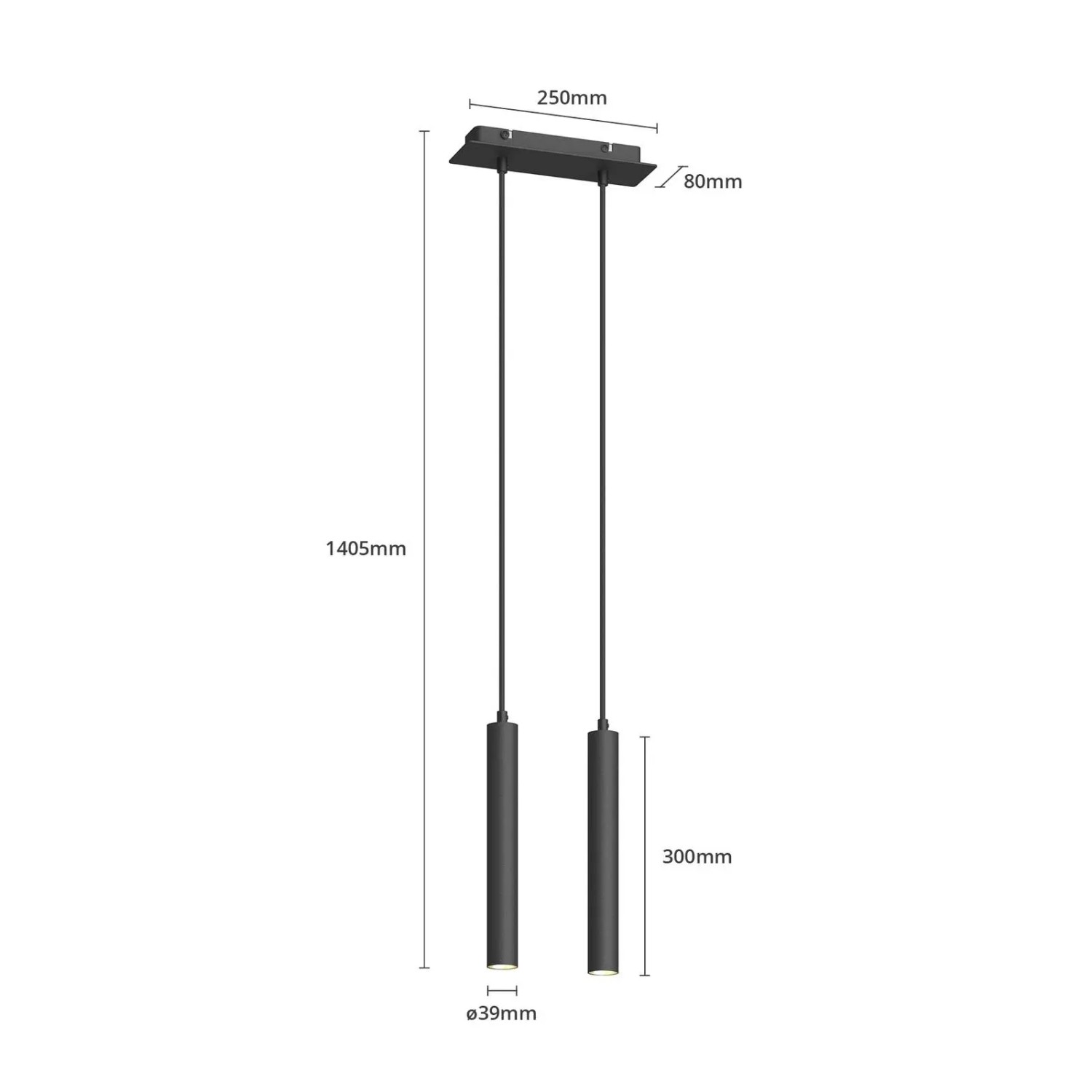 Arcchio LED Franka Pendelleuchte, schwarz, Aluminium, 2-flammig, modern. Zylindrische Schirme, technische Zeichnung mit Maßen.