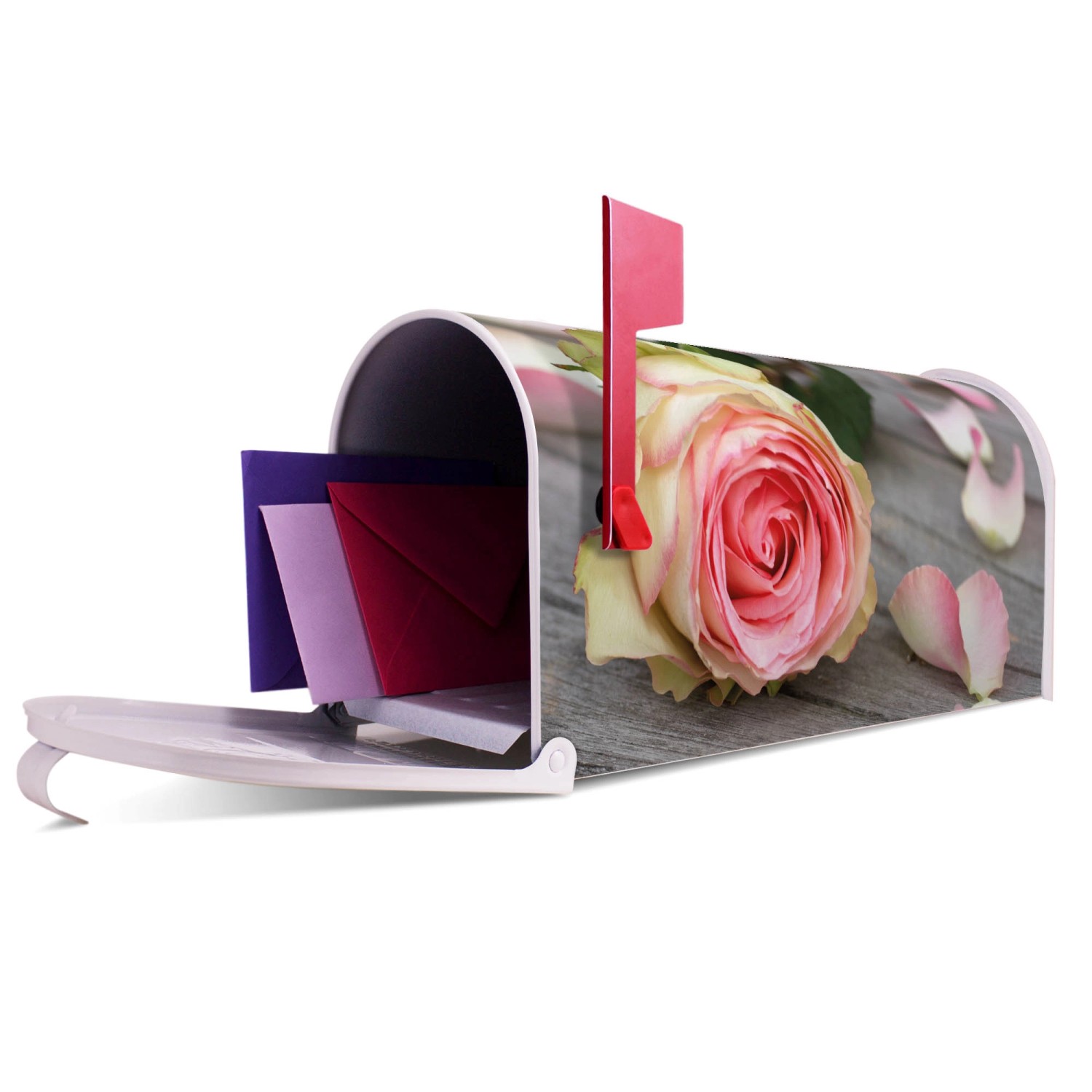 Weißer US Briefkasten mit Rosen Motiv. Amerikanischer Postkasten aus Stahl, pulverbeschichtet.