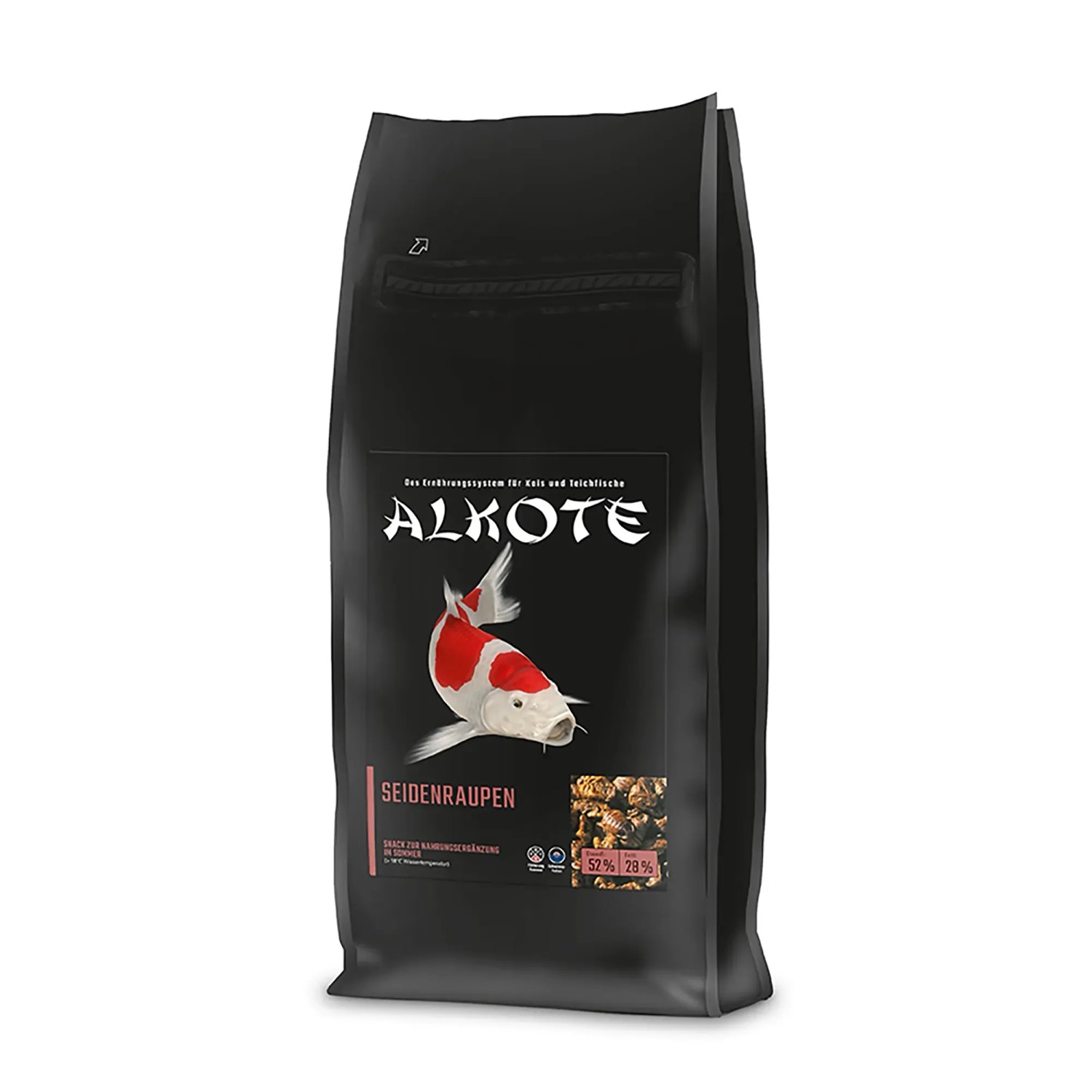 Alkote Fischfutter Seidenraupen, Pellets & Sticks für Kois in schwarzer Verpackung.