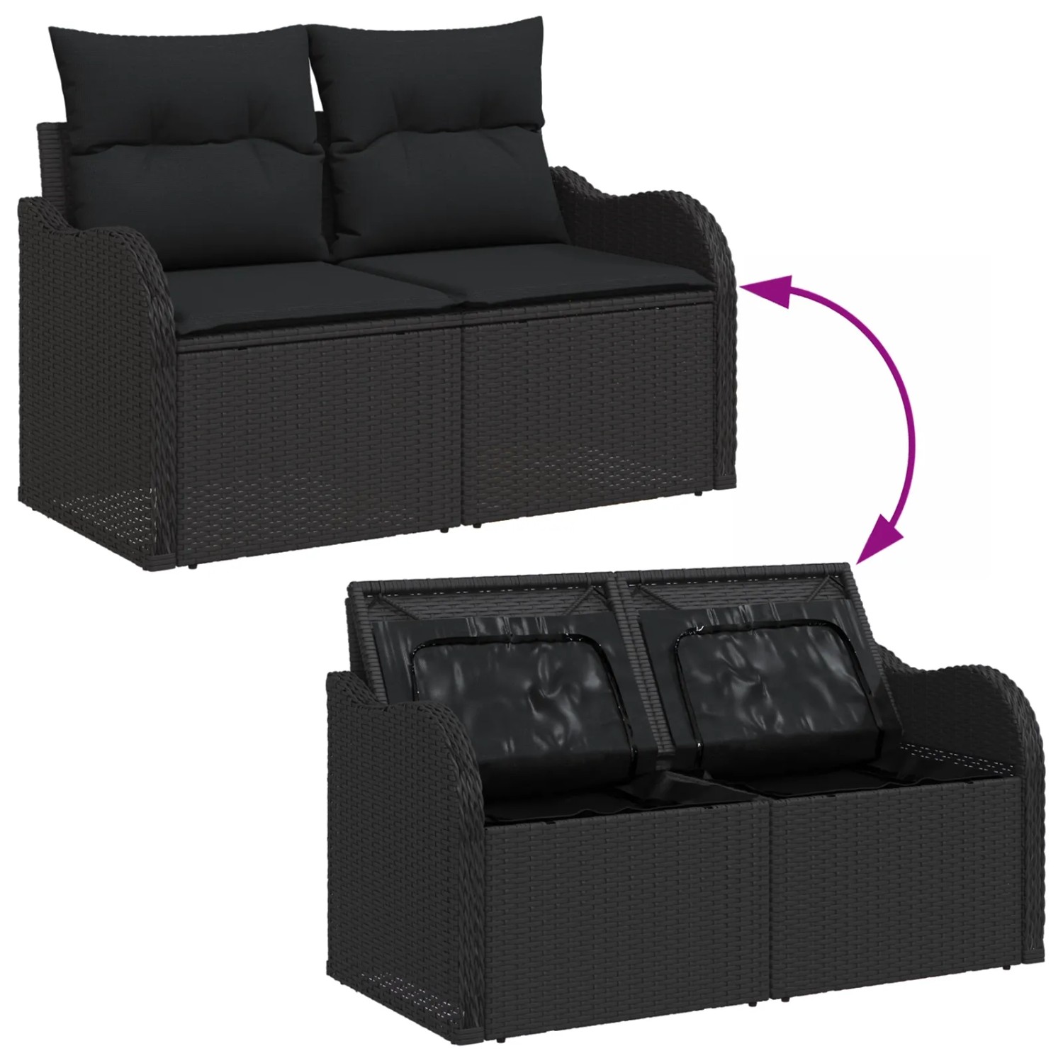 vidaXL Garten-Sofa-Set, 7-teilig, schwarz, Poly Rattan, modulare Bauweise, mit Kissen.