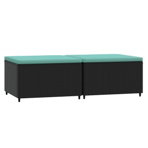 Zwei schwarze VidaXL Gartenhocker aus Rattan mit wasserblauen Kissen.