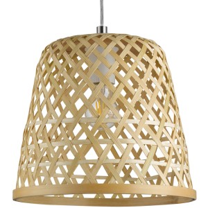 Hängeleuchte Kirkcolm von Eglo, Nickel matt, mit Lampenschirm aus Naturholzgeflecht.