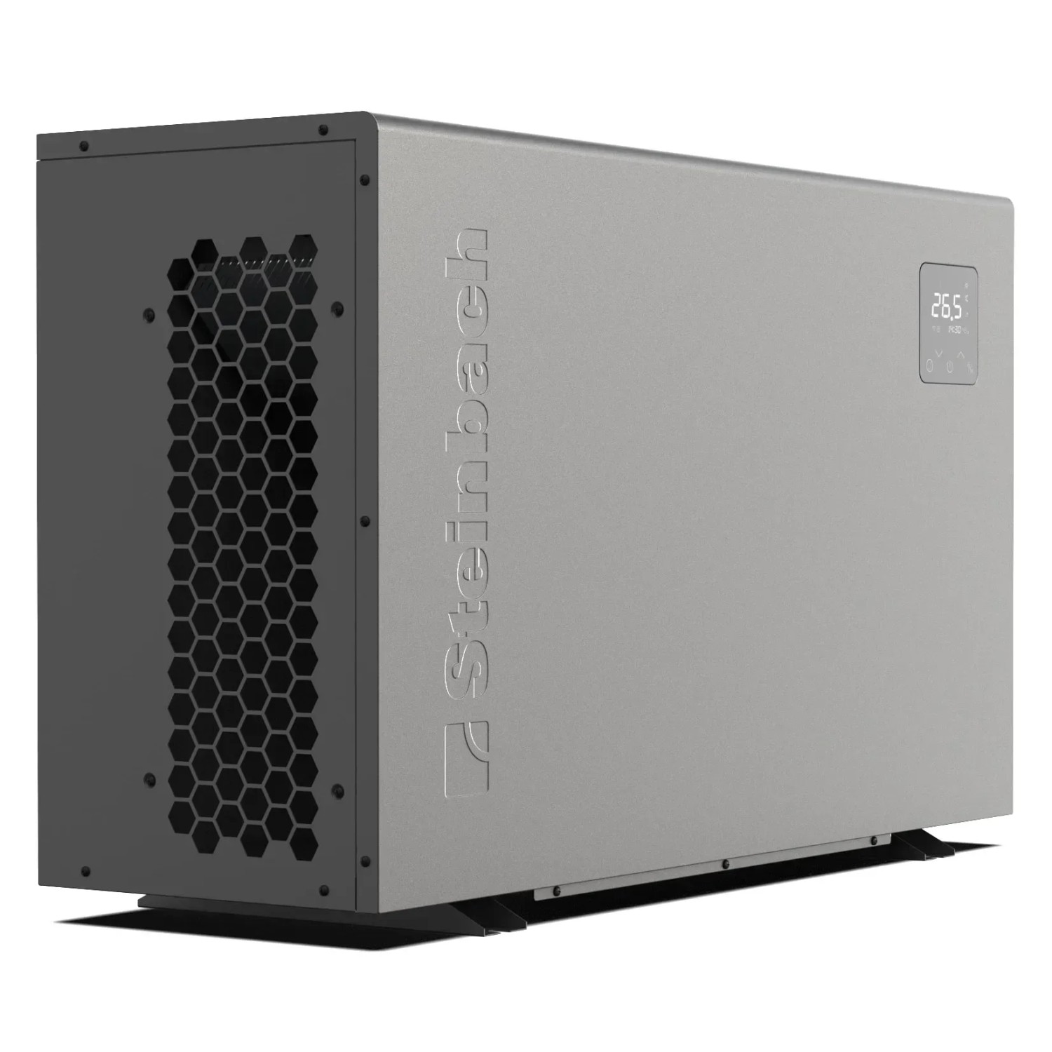 Steinbach Wärmepumpe Silent 5 kW, graue Pool-Wärmepumpe mit Display und Lüftungsgitter.