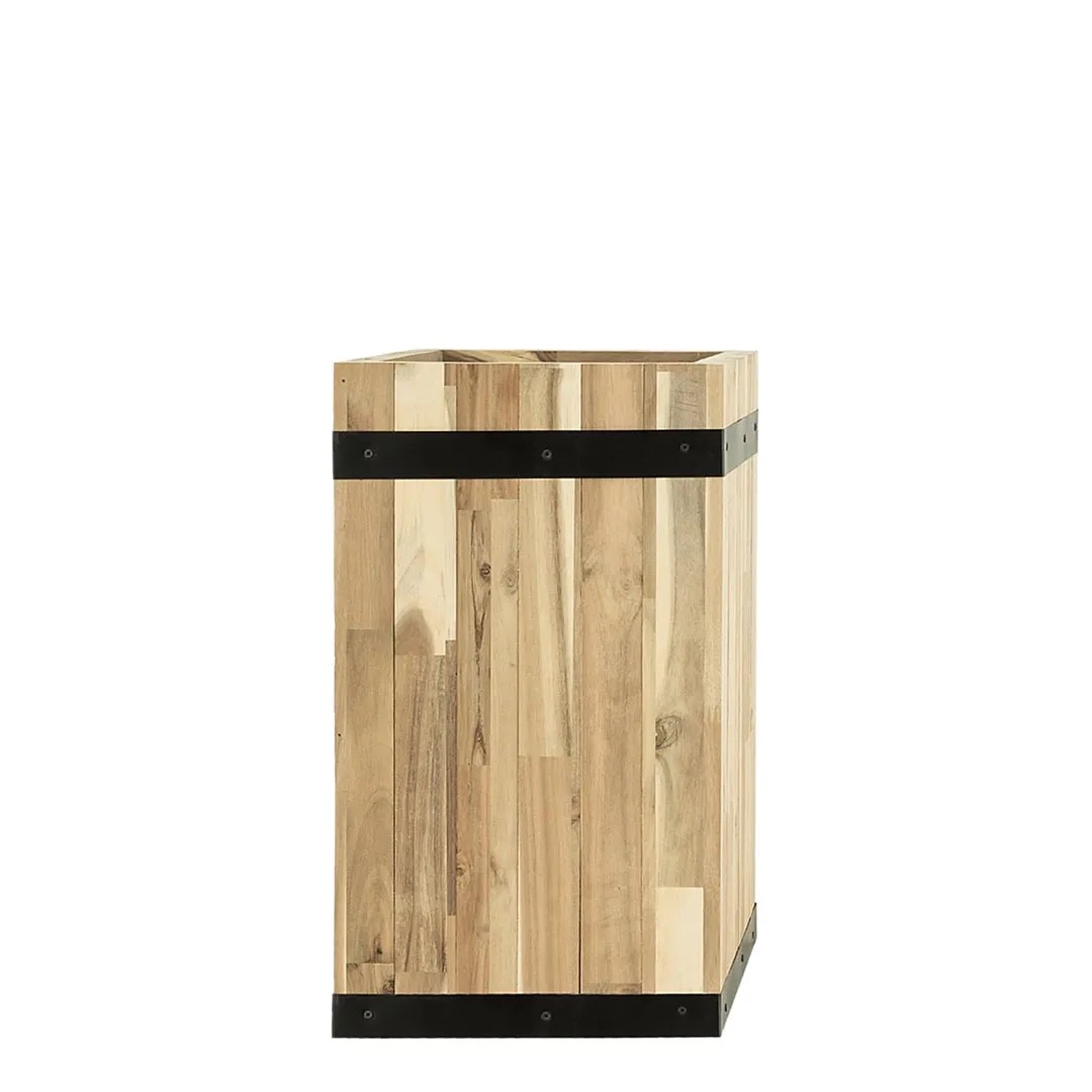 Pflanzwerk® Tower Pflanzkübel aus Akazienholz, 48x28x28 cm, mit schwarzen Zierbändern.
