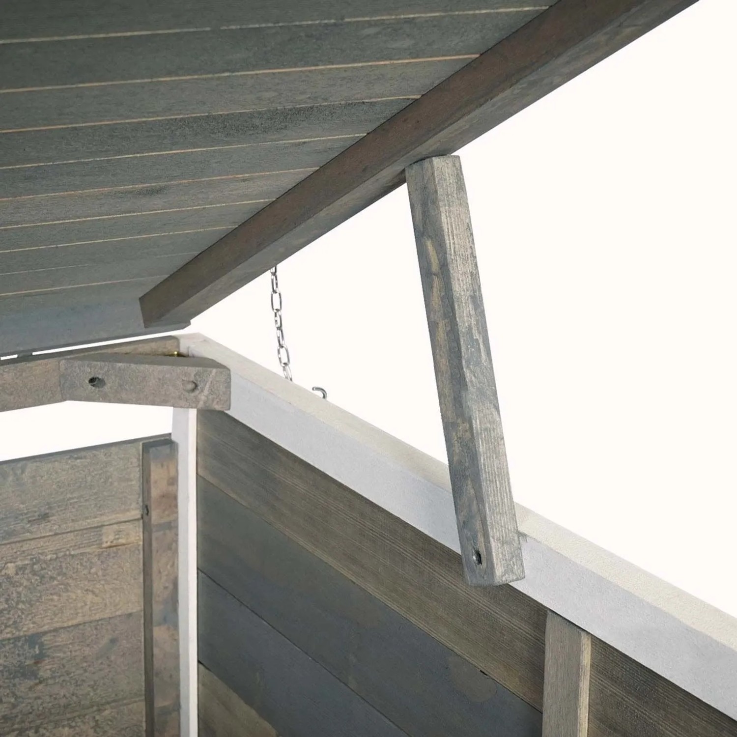 Detailansicht der grau-weißen Proregal XL Mülltonnenverkleidung aus Tannenholz.