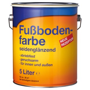 Eimer Fußbodenfarbe, seidenglänzend, grau, 5 Liter. Für mineralische Untergründe im Innen- und Außenbereich.