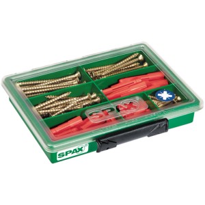 Spax Assorter mit gelben Kreuzschlitzschrauben und Dübeln, 130-teiliges Holzschrauben-Set.