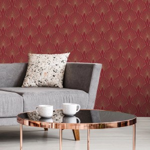 Rot-goldene Bricoflor Vliestapete im 20er-Jahre Art Deco Stil im Wohnzimmer.