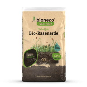 Sack Bionero Bio-Rasenerde 40L. Torffreie Erde mit Pflanzenkohle für Rasen.