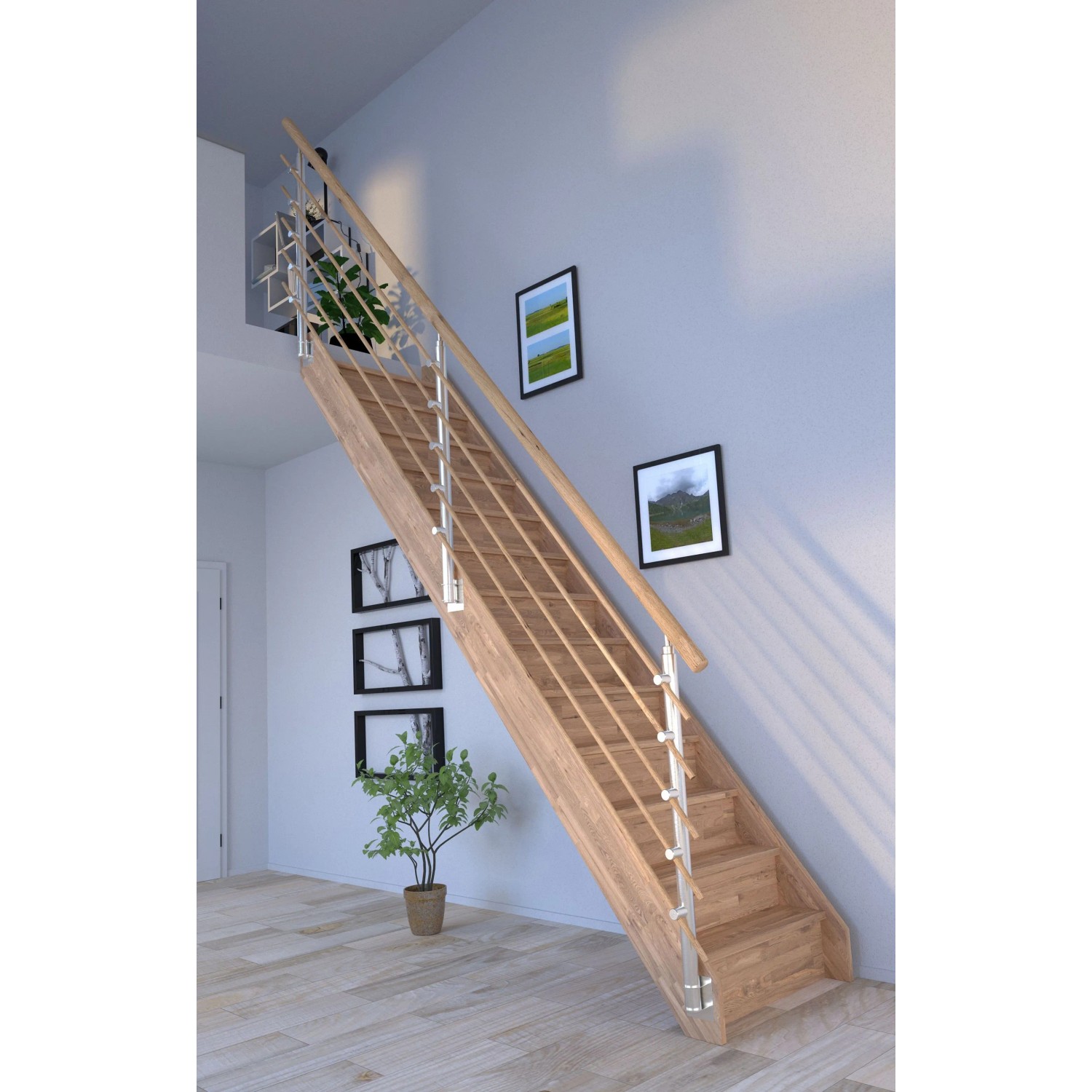 StarWood Treppe Rhodos Eiche, gerade, mit Design-Geländer und Setzstufen. FSC®-zertifiziert.