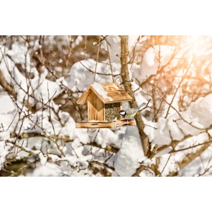 Holz Vogelfuttersilo Garden mit Meise im Winter, hängend an einem verschneiten Baum.
