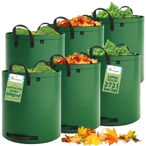 Sechs grüne TTL GARDEN Gartensäcke (272 L, 200 g/qm) gefüllt mit Laub und Gras. Reißfeste Garten Abfallsäcke im 6er Set.