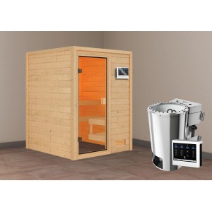 Karibu Sauna Sandra mit Bio-Ofen und externer Steuerung, Massivholz Natur.