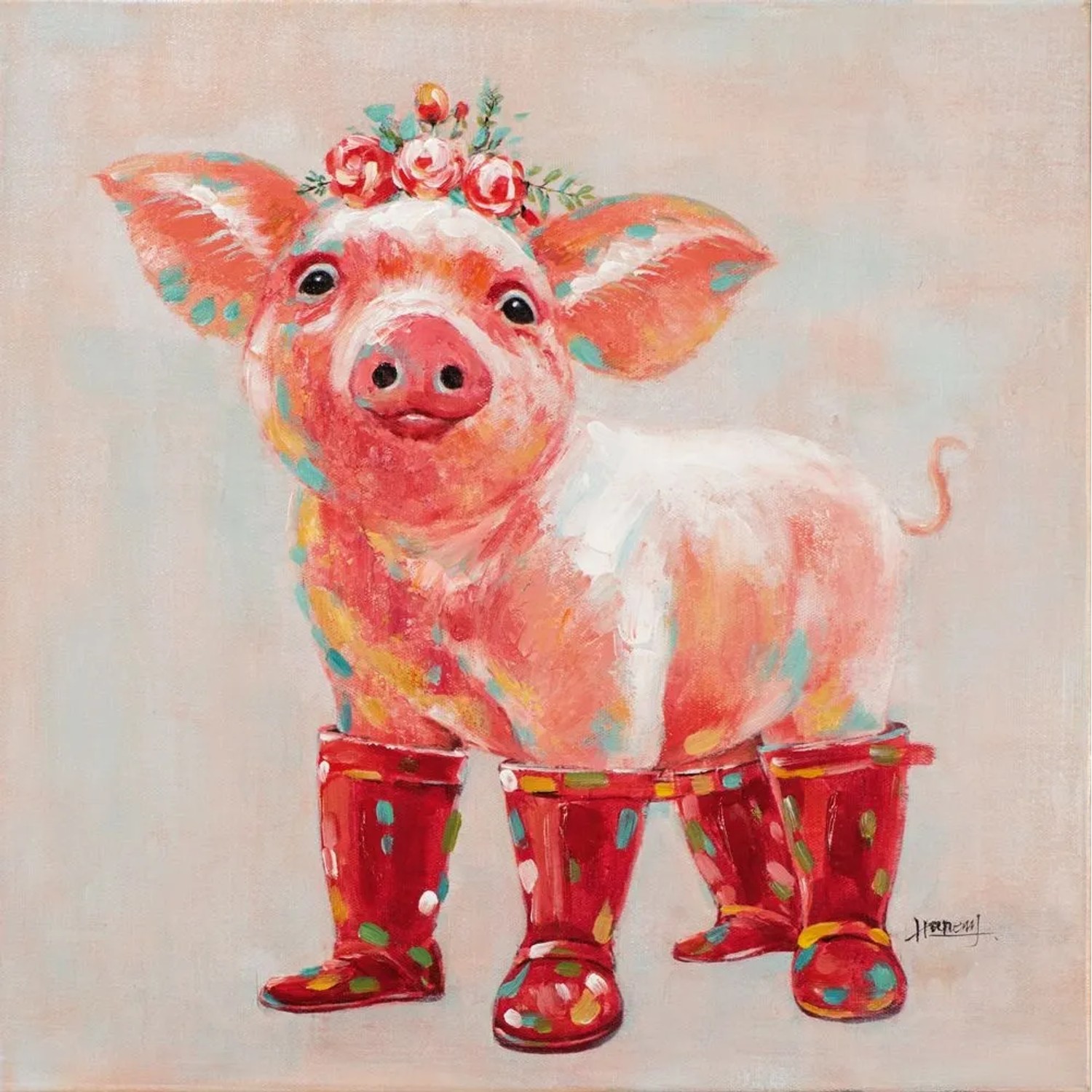 Art Universe Leinwandbild Schweinchen mit Roten Gummistiefeln 50 x 50 cm