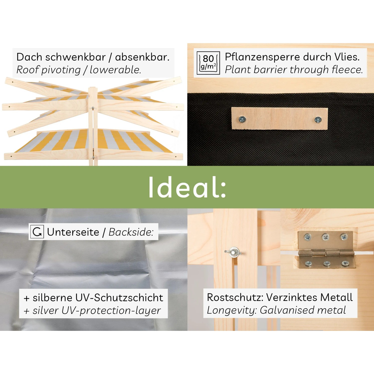 Details des Holzsandkastens Sunplaya3: Dach, Vlies, UV-Schutz, verzinktes Metall.