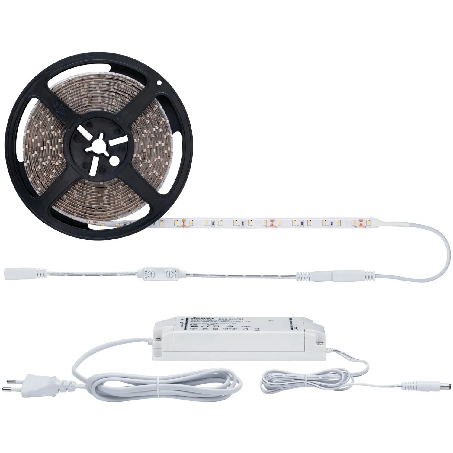 Paulmann LED-Power Strip Set, 5 m, mit Trafo, Dimmer und Leuchtmittel auf Rolle.