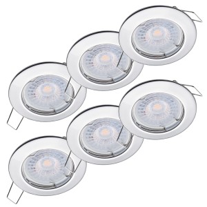 6er Set LED Einbaustrahler Sedan mit warmweißem Licht, 1,9W, Chromoptik für Deckenmontage.