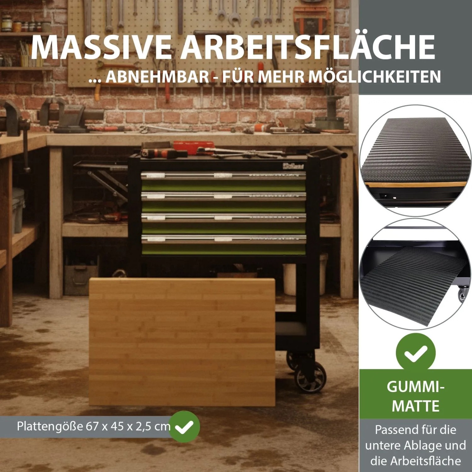 TRUTZHOLM Werkstattwagen grün mit 4 Schubladen und Massivholzplatte als Arbeitsfläche.