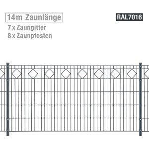 Metallzaun-Set Valencia, anthrazit, 100 cm hoch, 14 m lang, mit Zaungittern und Pfosten.