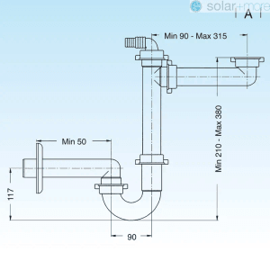 Maßzeichnung Lira SPA Raumsparsiphon Universal für Küchenspüle, 1 Becken, 40mm Abgang, platzsparendes Design.