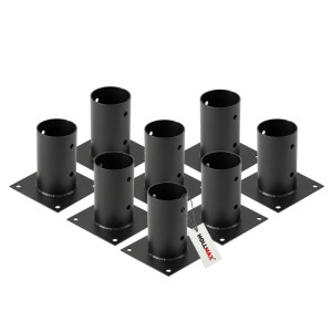 8 schwarze, pulverbeschichtete HOLLMAX Aufschraubhülsen für 80 mm Rundholzpfosten. Robuste Pfostenträger für feste Untergründe.