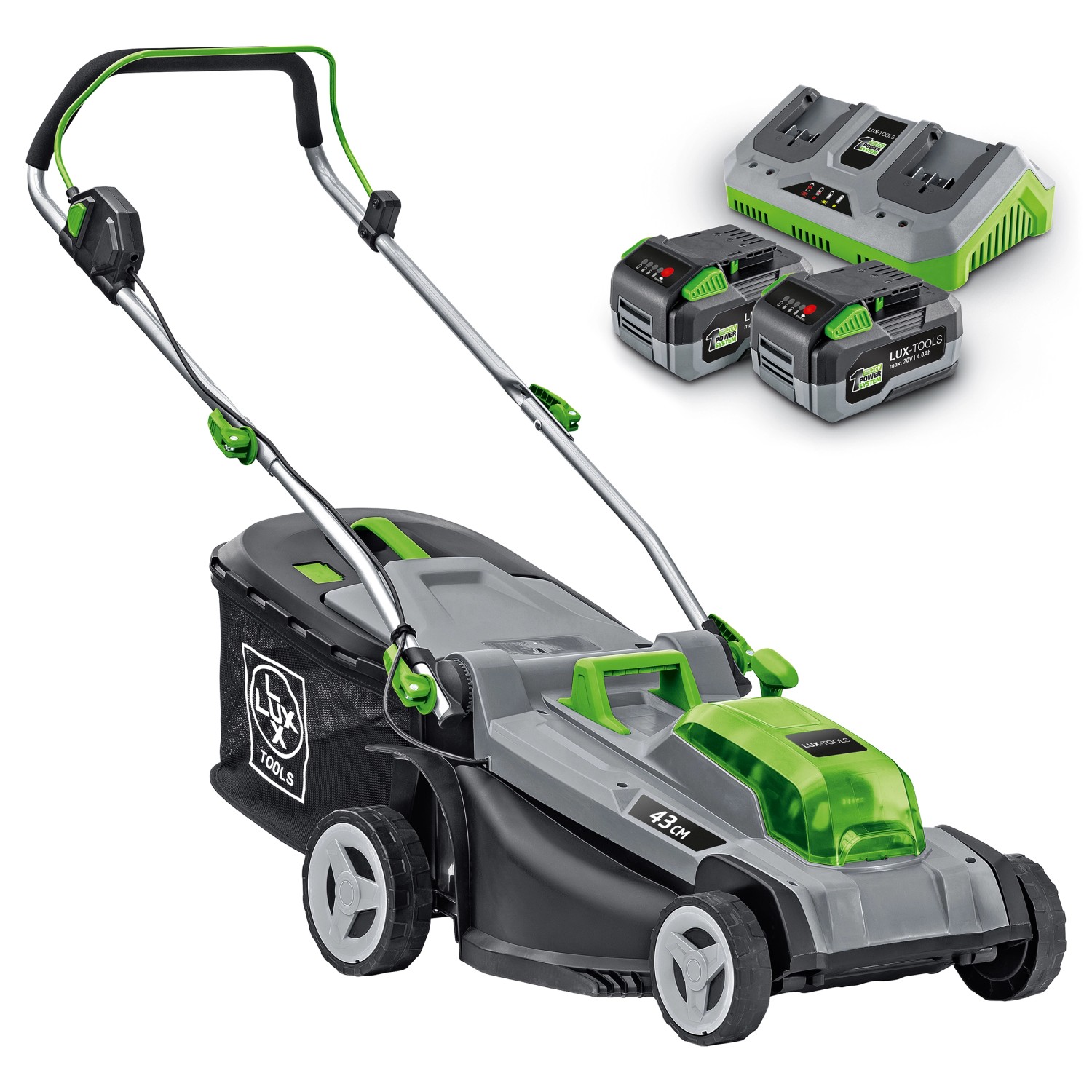 LUX 40V Akku-Rasenmäher Set mit 2 Akkus und Ladegerät. Rasenmäher mit 43 cm Schnittbreite.