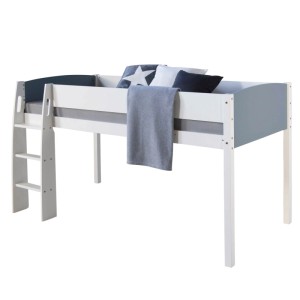Weißes Kinder-Hochbett 90x200 mit grauen Seiten, Leiter und Sicherheitsumrandung aus Holz.