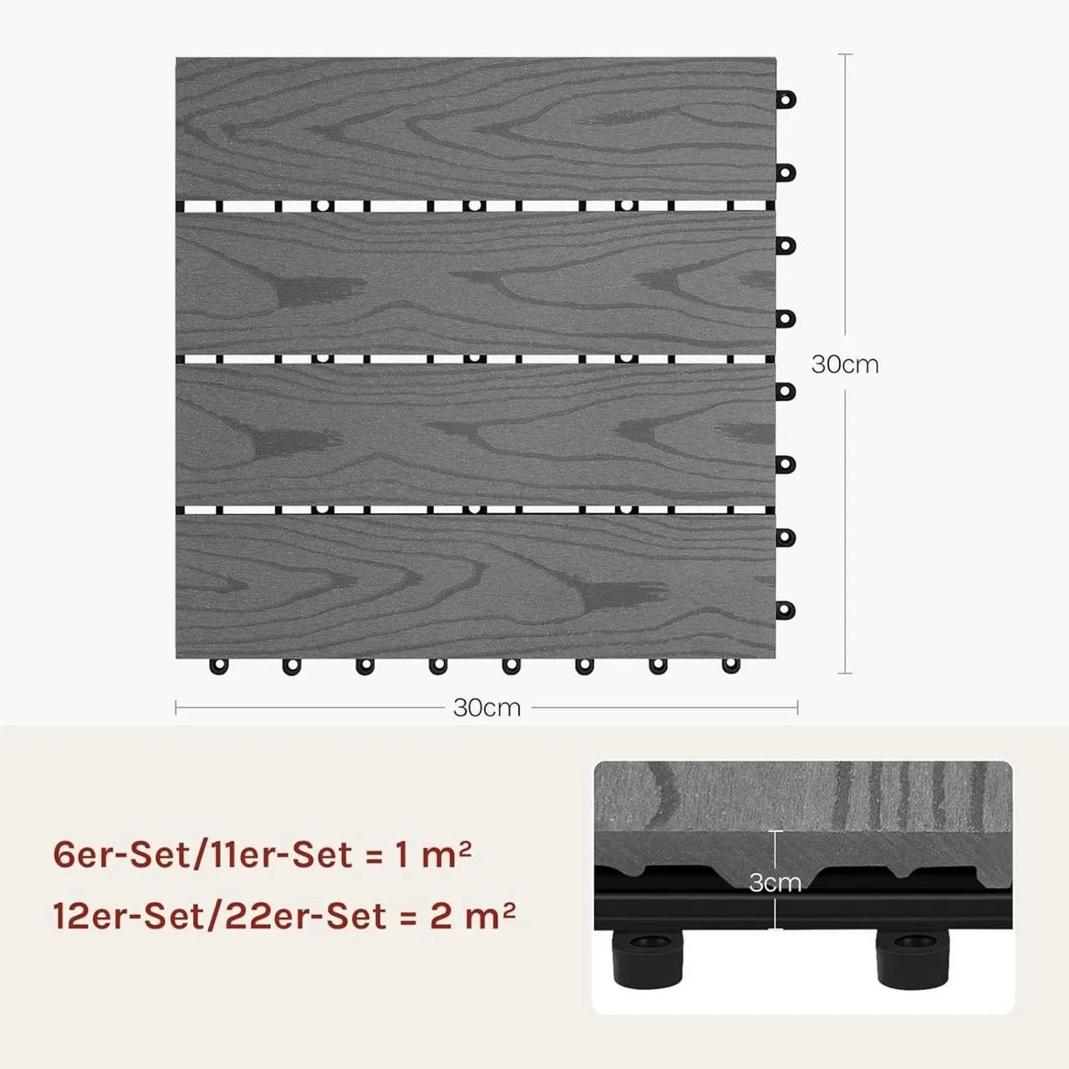 WOLTU WPC Terrassenfliesen Holzoptik 22 Stück/2 m² Hellgrau_3