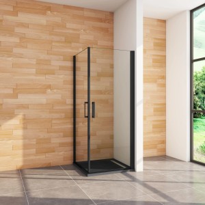 Schwarze AICA Eckeinstieg Duschkabine 90x90 mit klarem 8mm ESG-Glas und Schwingtüren in modernem Bad.