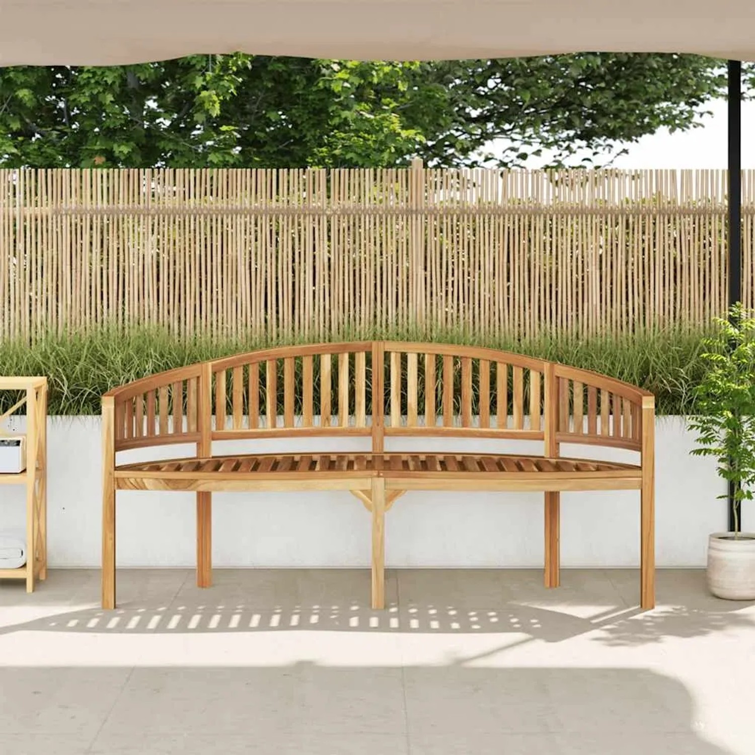 Elegante Bananenbank aus Teakholz (180 cm) für Garten oder Terrasse. Robuste Gartenbank aus Massivholz.