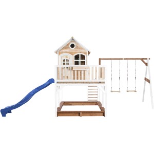 Axi Liam Spielhaus mit Doppelschaukel, Rutsche blau, Holz braun/weiß. Spielturm mit Sandkasten.