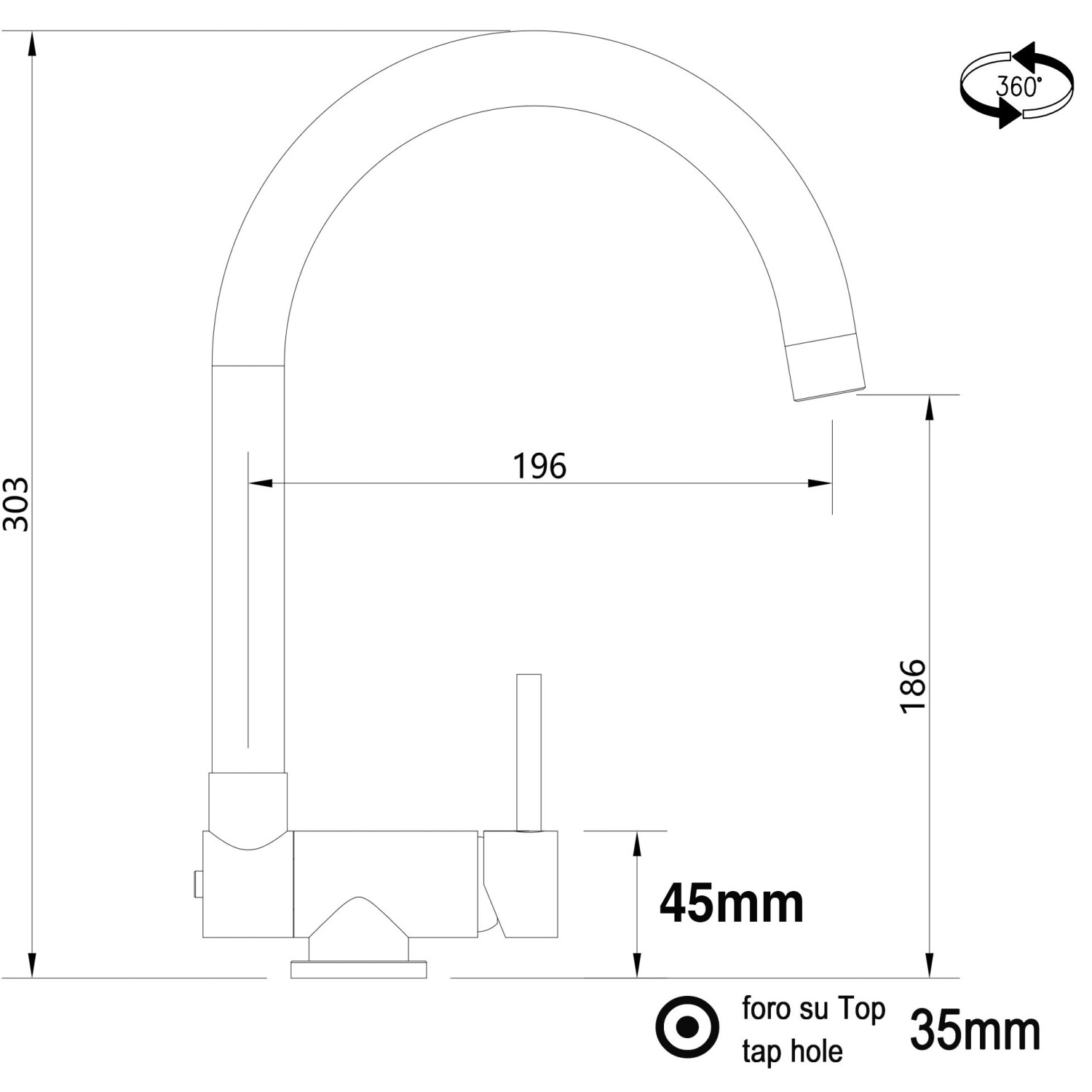 Skizze VIZIO Küchenarmatur, verchromt, umklappbar, 360° schwenkbar, Maße eingezeichnet.