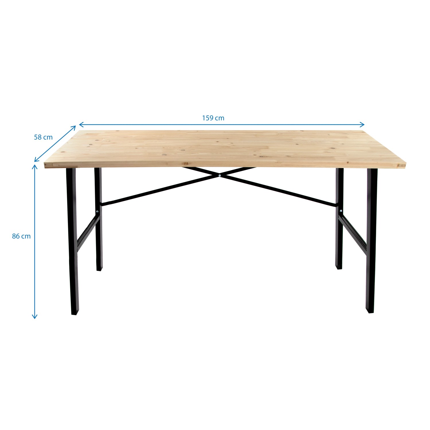 rikta Werkbank 159 cm mit Holzplatte und schwarzem Stahlgestell.