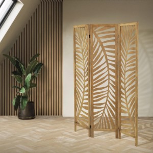 ML-Design Paravent Fukuoka Natur, 3-teilig, 170x121cm, aus Paulownienholz mit Blattmuster.