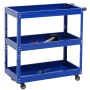 Blauer PROREGAL Werkzeugwagen aus Stahl mit 3 variablen Ladeflächen, Rollen und Handgriff. Mobiler Werkstattwagen.