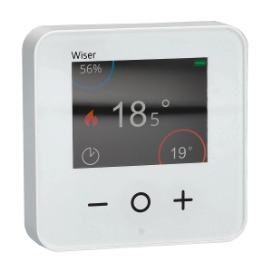 Schneider Electric Wiser Raumthermostat in Weiß mit Display zur Temperaturregelung.