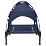 Marineblaues, erhöhtes Hundebett aus Stahl mit abnehmbarem Sonnendach. Perfekt für Garten & Terrasse.