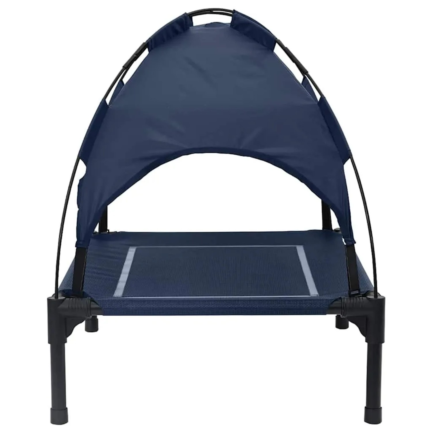 Marineblaues, erhöhtes Hundebett aus Stahl mit abnehmbarem Sonnendach. Perfekt für Garten & Terrasse.