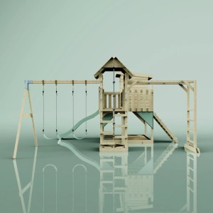 OutdoorToys Spielturm Malou mit Schaukel, Rutsche und Kletterwand in Mintgrün.