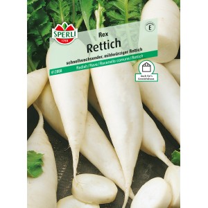 Sperli Rettich Rex Samenpackung, weiße Rettiche im Vordergrund.