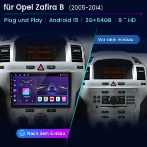 Junsun Autoradio für Opel Zafira B. Vorher/Nachher-Ansicht: 9-Zoll-Touchscreen-Navi ersetzt altes Radio im Armaturenbrett.