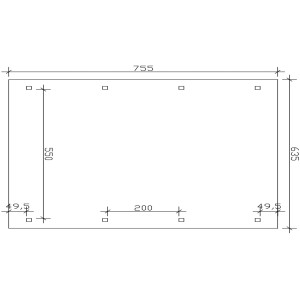 Skizze des Skan Holz Bogendach-Carports Franken mit Maßangaben (635x755 cm) und Pfostenpositionen.