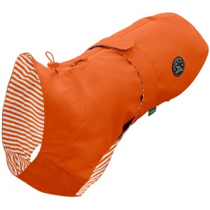 Orangefarbener Hunter Hunde-Regenmantel Milford, Rückenlänge 25 cm, mit gestreiftem Innenfutter.