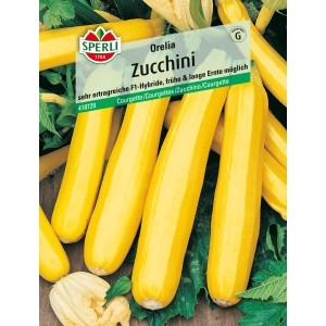 Sperli Zucchini Orelia Samen: Goldgelbe Zucchini und Blüte auf der Packung.