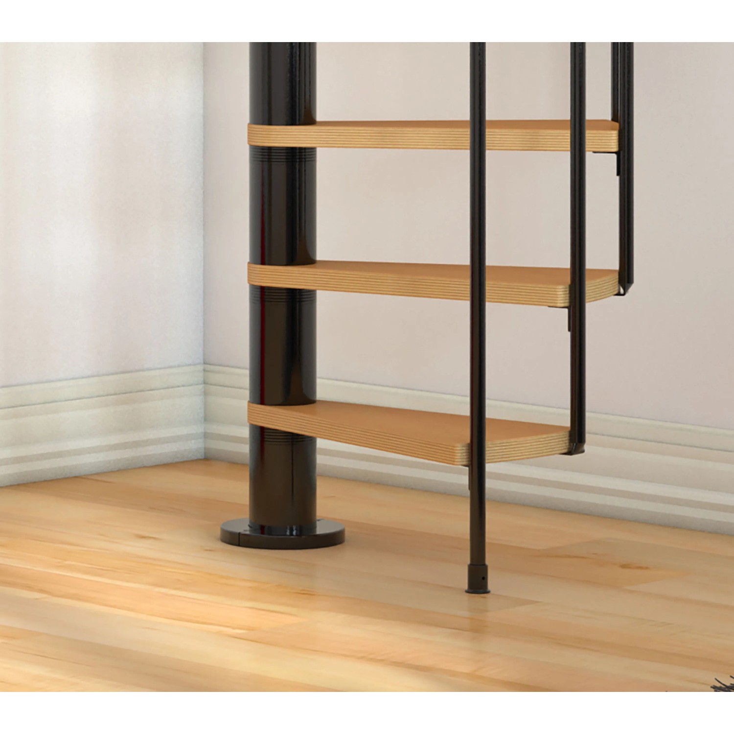Dolle Spindeltreppe Calgary, Ø 140 cm, anthrazitfarbene Metalltreppe mit Holzstufen.