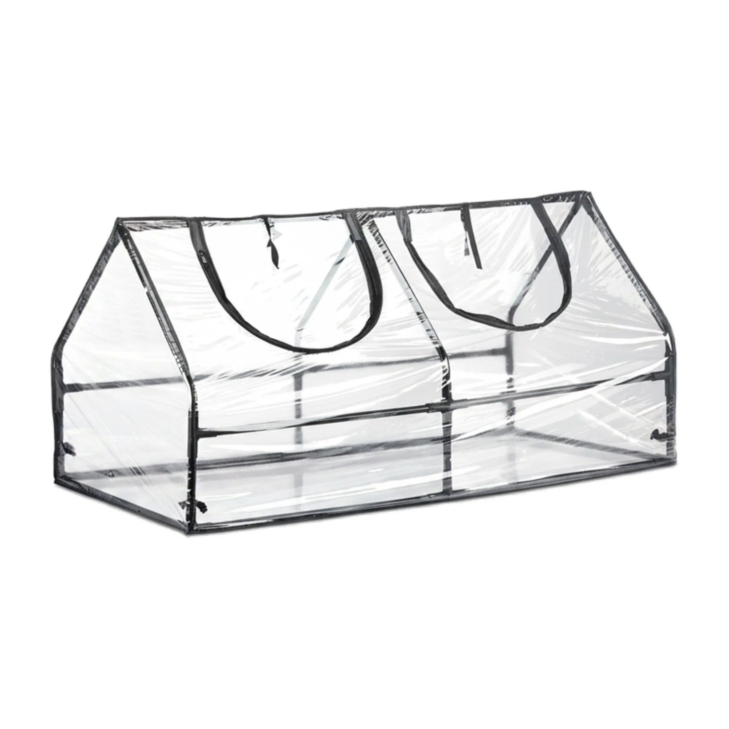 Transparentes Foliengewächshaus mit schwarzem Rahmen und zwei aufrollbaren Fenstern für Pflanzen.