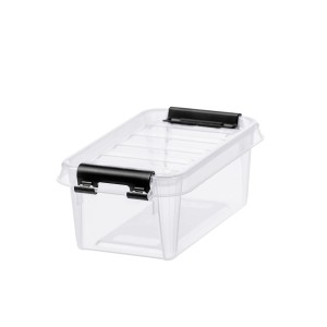 Transparente SmartStore Aufbewahrungsbox Classic 0,3 l mit Deckel und schwarzen Clips.