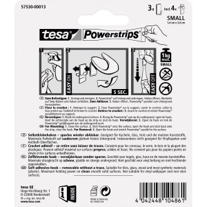 Tesa Klebehaken, 3er-Pack, weiß, abgerundet, mit Powerstrips Small. Hält bis zu 1 kg.