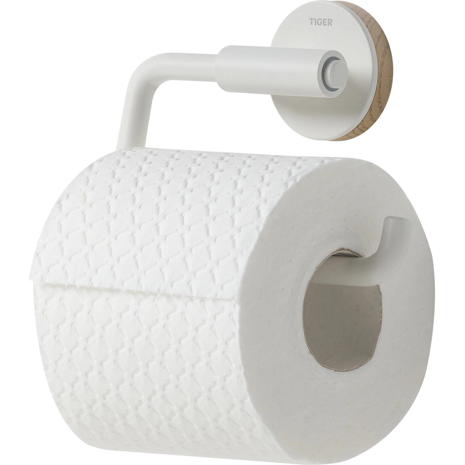 Tiger Toilettenpapierhalter Urban Weiß ohne Deckel mit Holz-Akzent.
