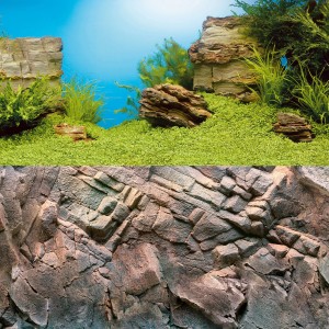Juwel Aquarium Rückwand Poster XL, 150x60cm, mit zwei Motiven: Unterwasserlandschaft und Felswand.